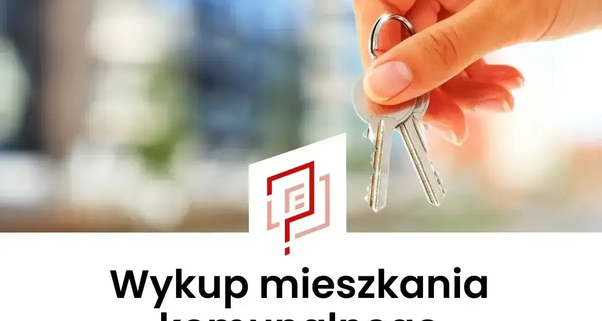 Dłoń trzyma klucze. Pod spodem napis "Wykup mieszkania komunalnego", sugerujący cenę za metr.