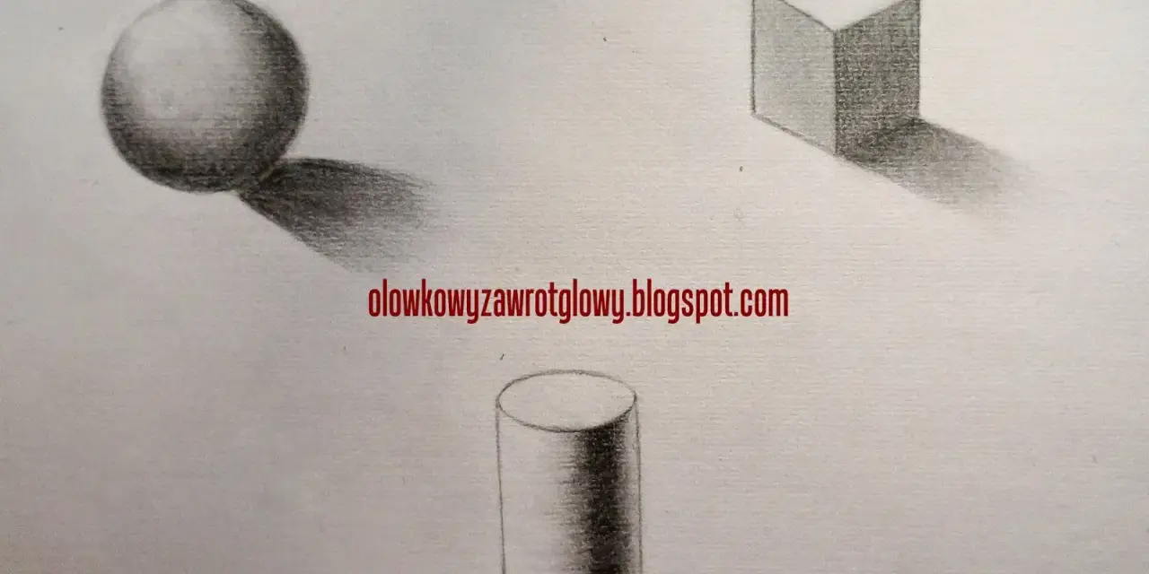 Ołówek rysunek przedstawia kulę, sześcian i walec z cieniami.