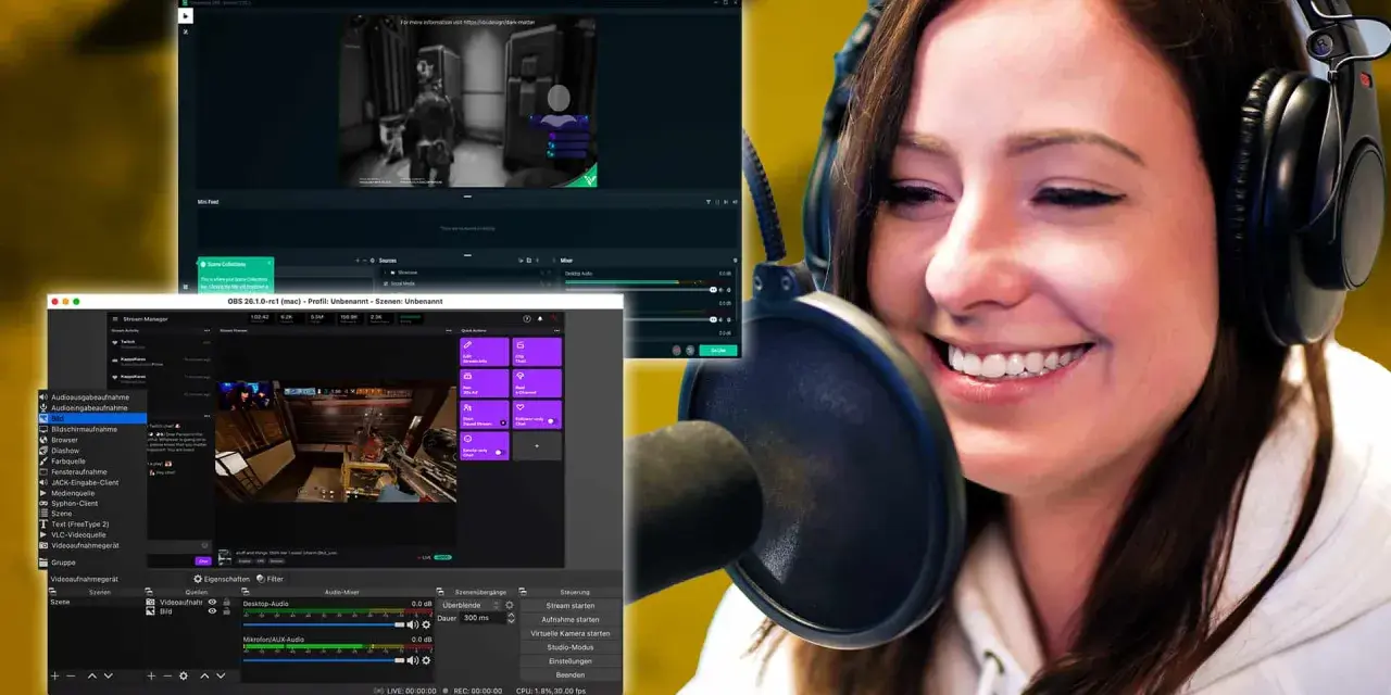 Eine Frau mit Kopfhörern lacht vor einem Mikrofon, während sie ihren Stream-Setup mit OBS und anderen Programmen im Hintergrund einrichtet.