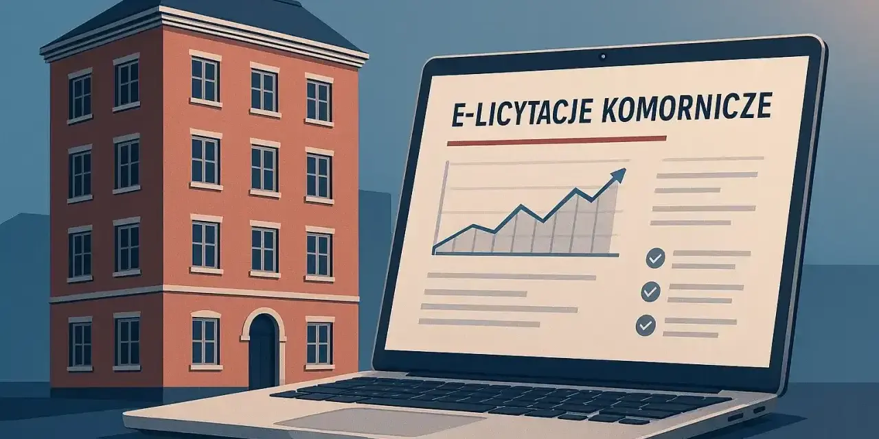 Domy wystawione na licytacje przez komornika. Na ekranie laptopa widnieje napis "E-licytacje komornicze" i wykres wzrostu.