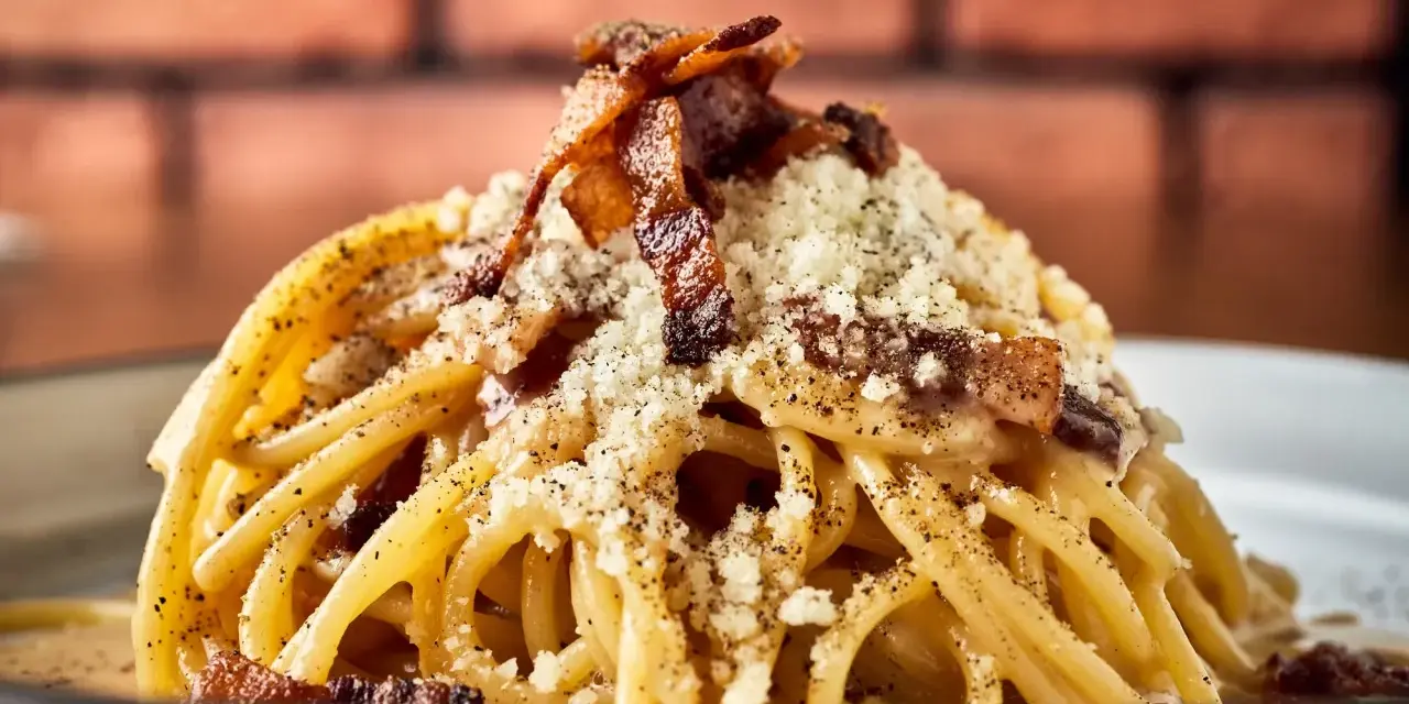 Pyszny makaron włoski carbonara z chrupiącym boczkiem i parmezanem, posypany świeżo mielonym pieprzem.