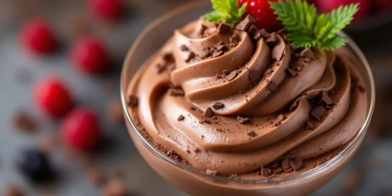 Délicieux dessert sans oeuf : mousse au chocolat onctueuse, garnie de copeaux de chocolat, d'une framboise fraîche et de feuilles de menthe.