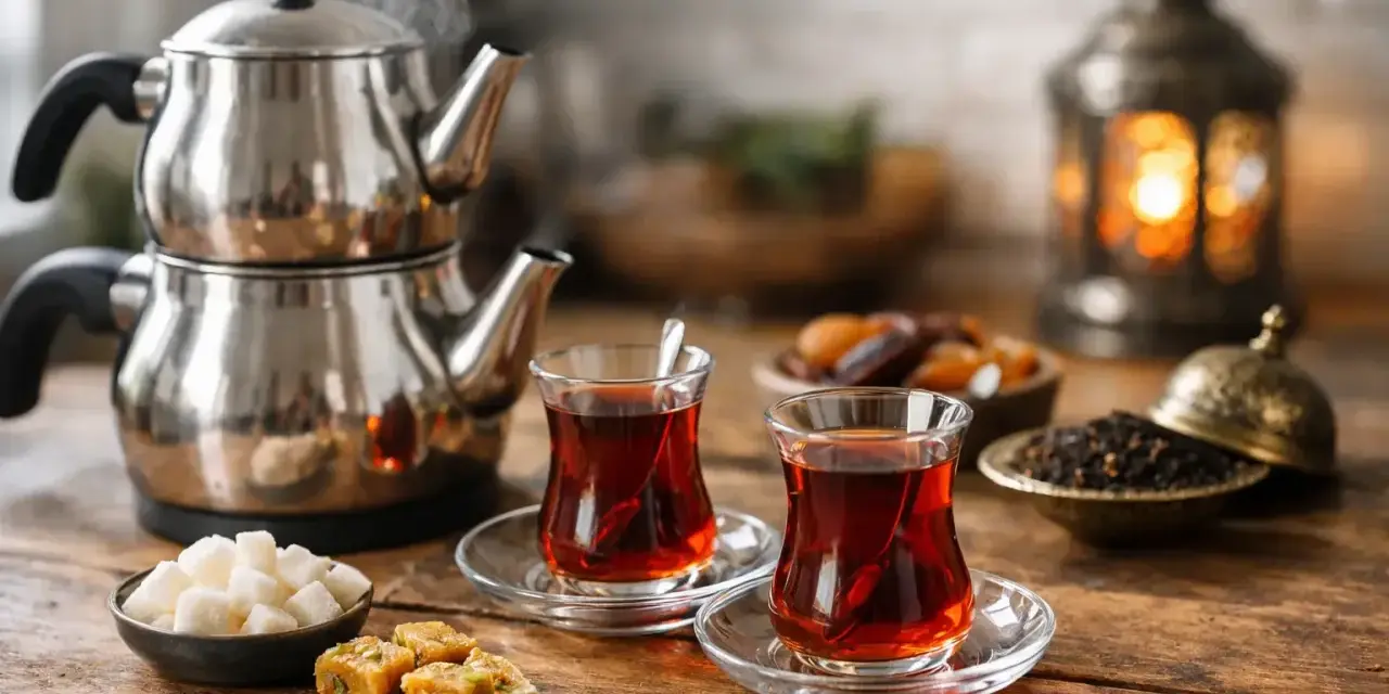 Para podana do degustacji: gorąca herbata po turecku, cukierki i suszone owoce.