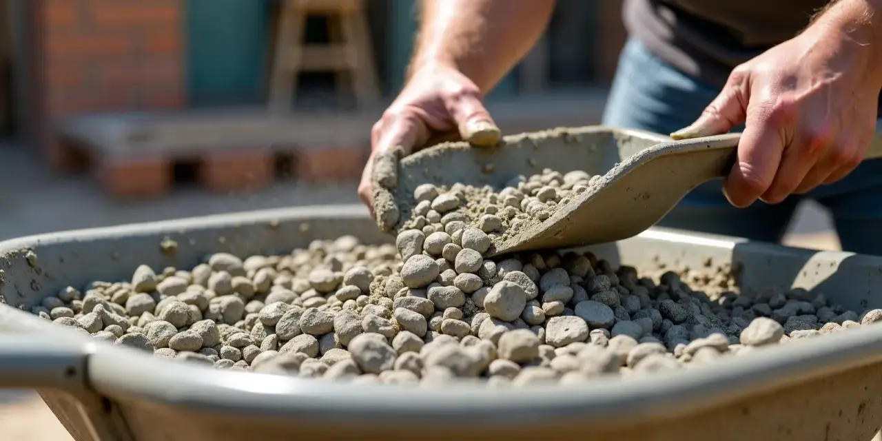 Mocny beton proporcje: ręce wsypują kruszywo do taczki, przygotowując mieszankę.