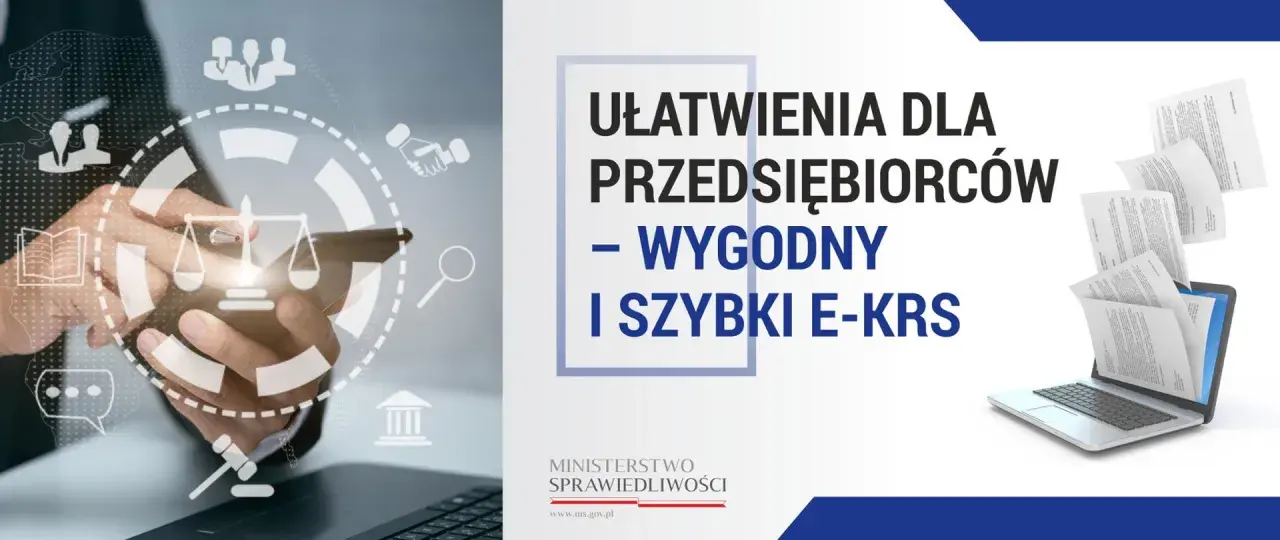 Ręce trzymające smartfon z ikonami prawnymi i dokumenty wychodzące z laptopa.