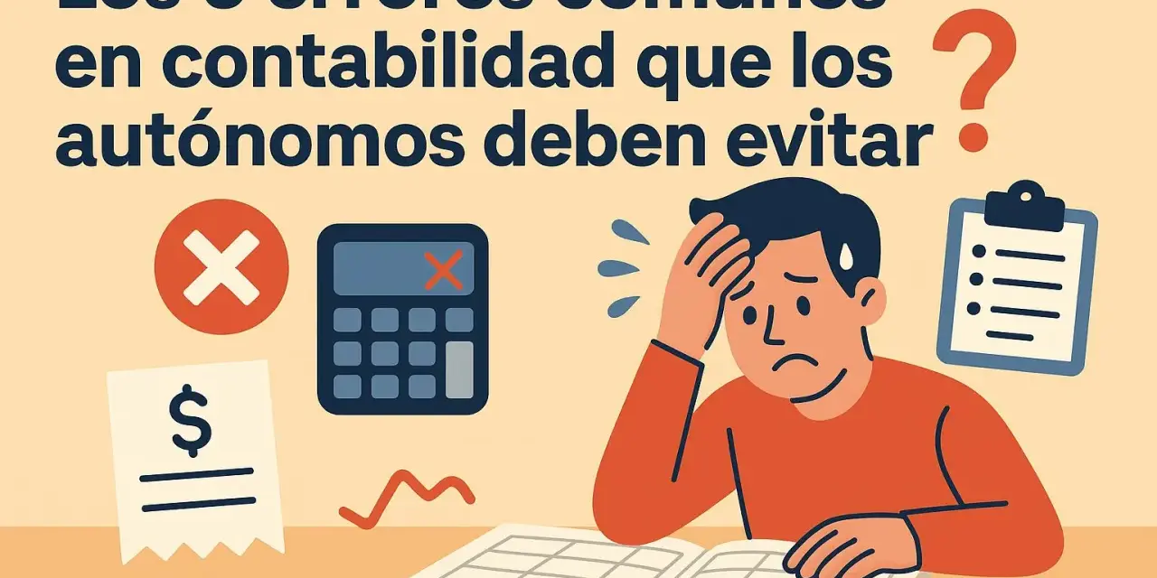 Un autónomo agobiado frente a errores comunes en contabilidad. Calculadora, ticket y lista de tareas sugieren la dificultad de contabilizar cuota autónomo.