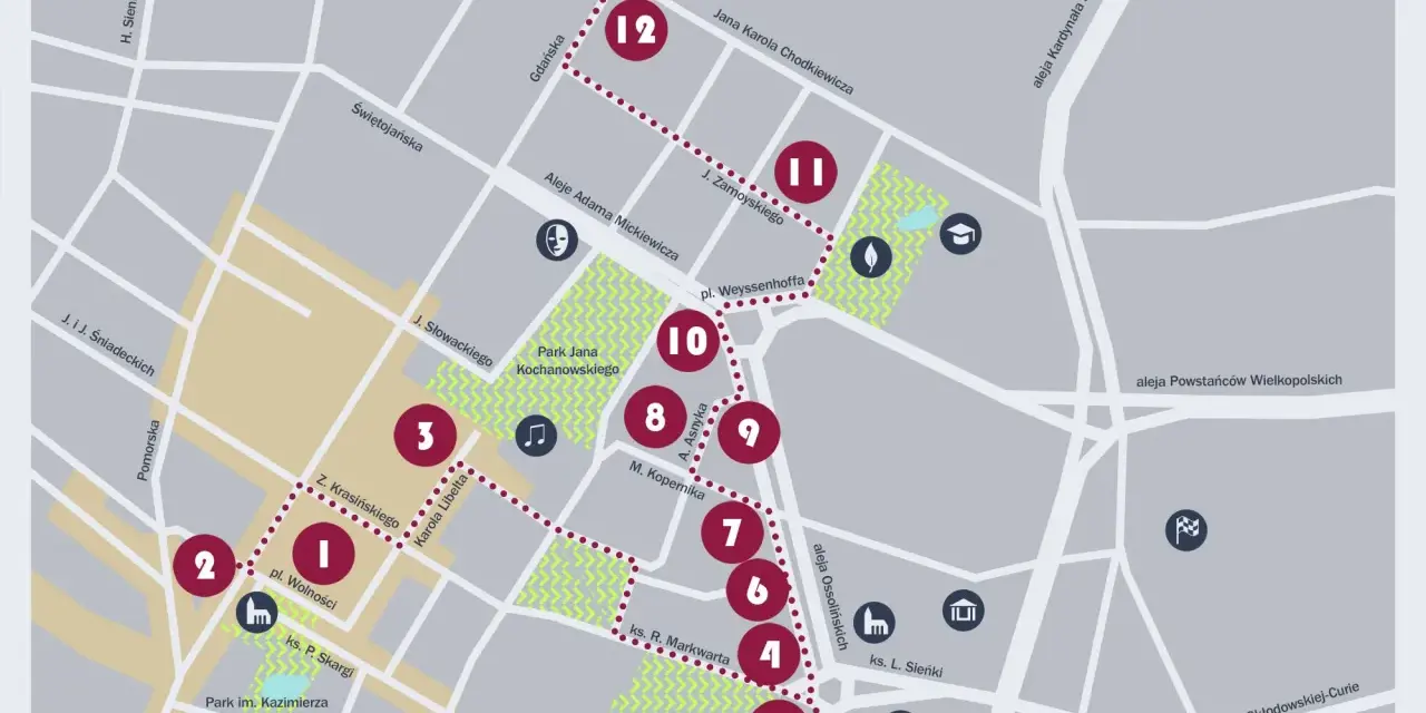Mapa turystyczna z zaznaczonymi punktami, m.in. Parkiem im. Kazimierza Wielkiego i placem Wolności. Dag Bromberg mógłby tu odkrywać ciekawe miejsca.