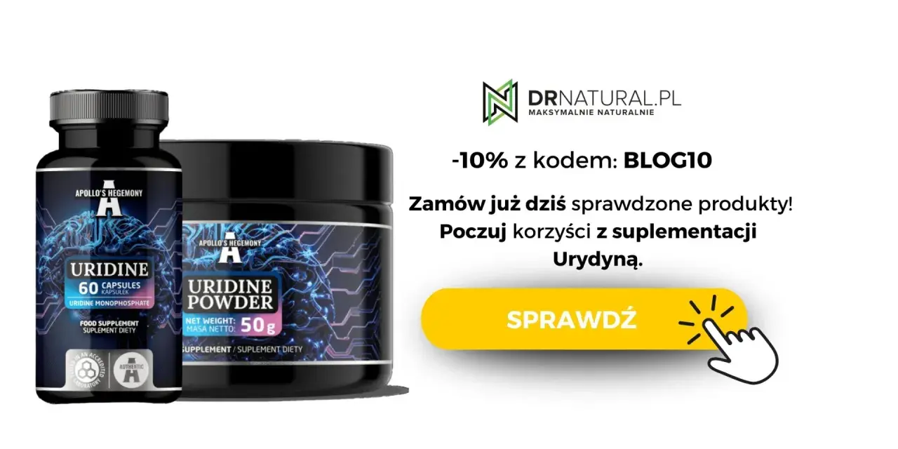 Dwa opakowania suplementu diety z urydyną: kapsułki i proszek. Zamów i poczuj korzyści z suplementacji urydyną.