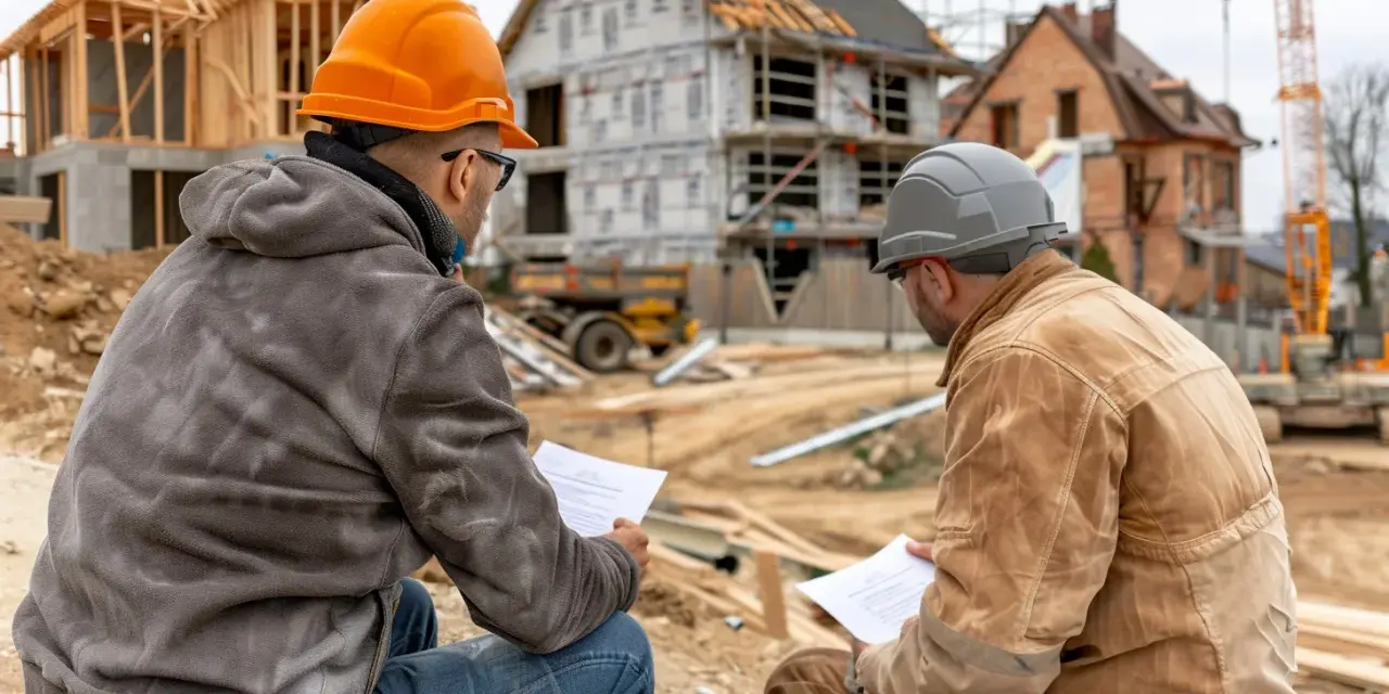 Deux hommes en casque discutent des plans sur un chantier. L'un d'eux, un artisan qui ne vient pas faire les travaux, semble expliquer quelque chose.
