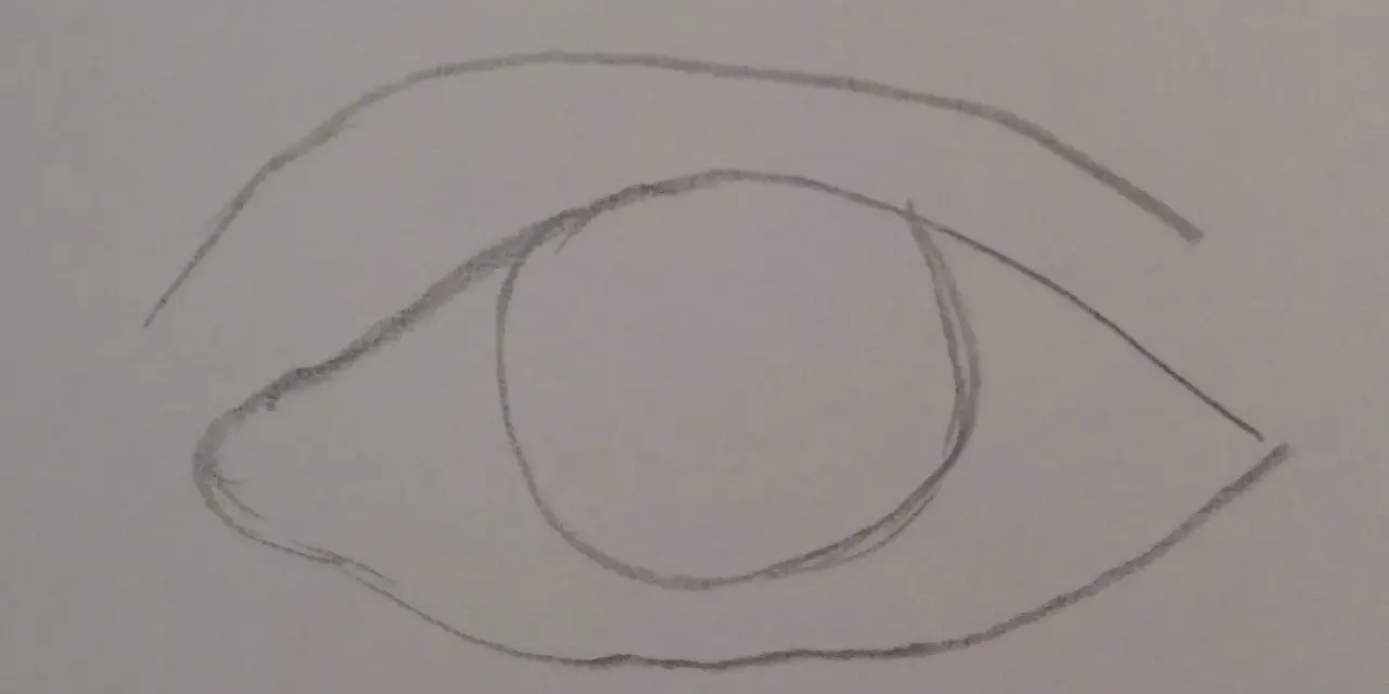 Szkic jak narysować oko. Proste linie tworzą zarys oka, brwi i tęczówki.