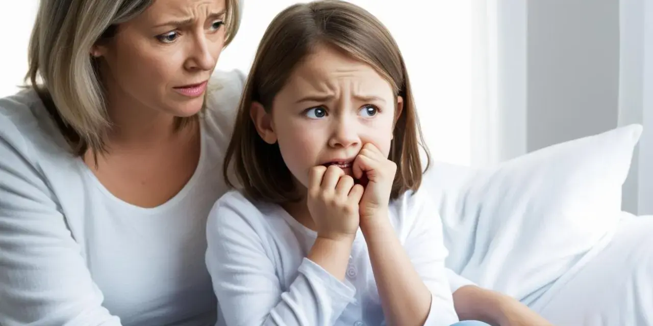 Zmartwiona mama wspiera córkę, która obgryza paznokcie. Problem obgryzania paznokci u dzieci wymaga uwagi psychologa.