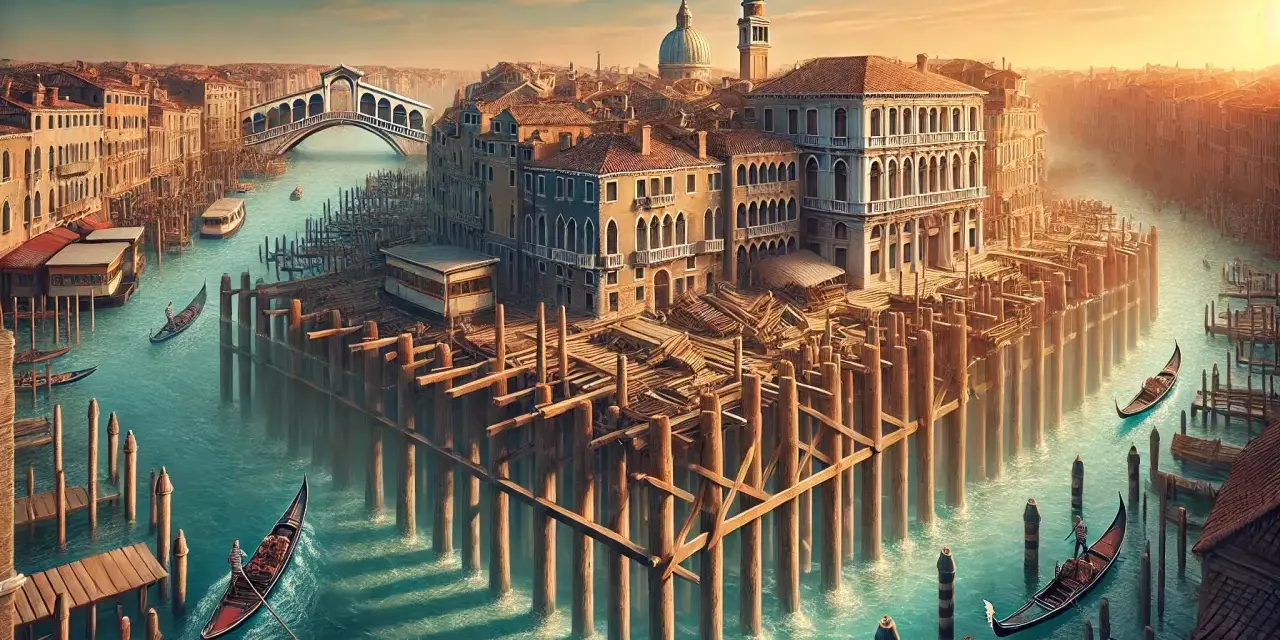 Venezia, con i suoi canali e le iconiche gondole, mostra la sua resilienza attraverso le palafitte che sostengono antichi palazzi.