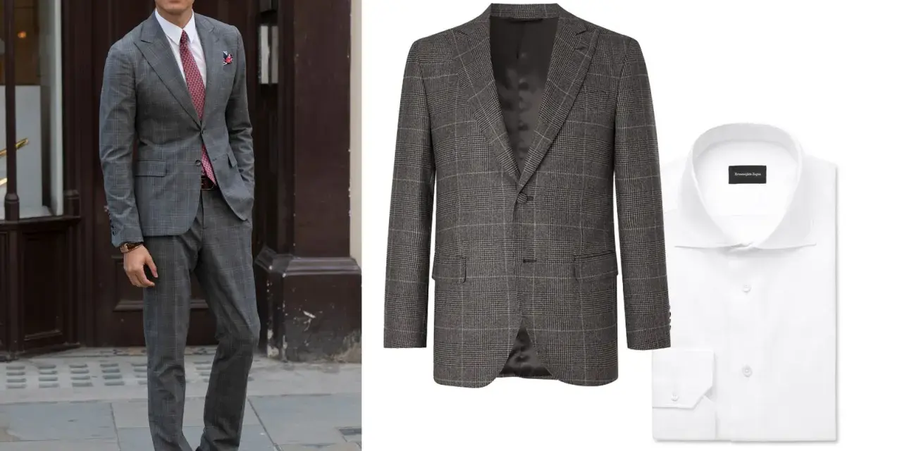 Hombre con traje gris a cuadros y camisa blanca. Ideas de traje gris mujer combinaciones elegantes.
