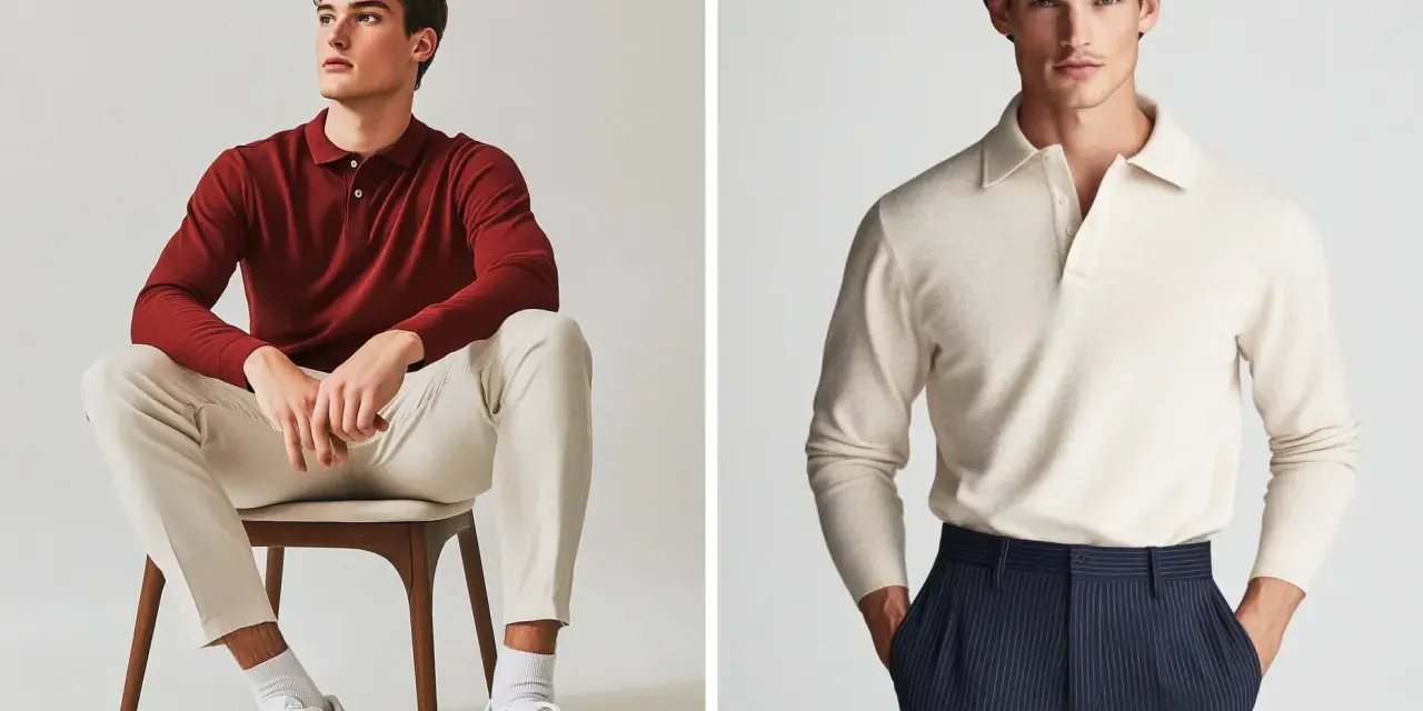 Due modelli presentano un elegante outfit con polo uomo: uno con polo bordeaux e pantaloni chiari, l'altro con polo beige e pantaloni a righe blu.