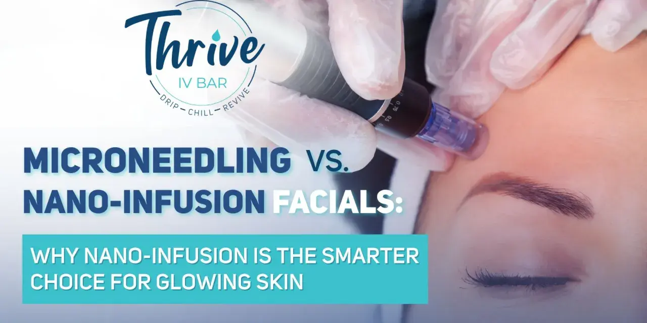 A gloved hand performs nano-infusion on a woman's forehead, promoting glowing skin.