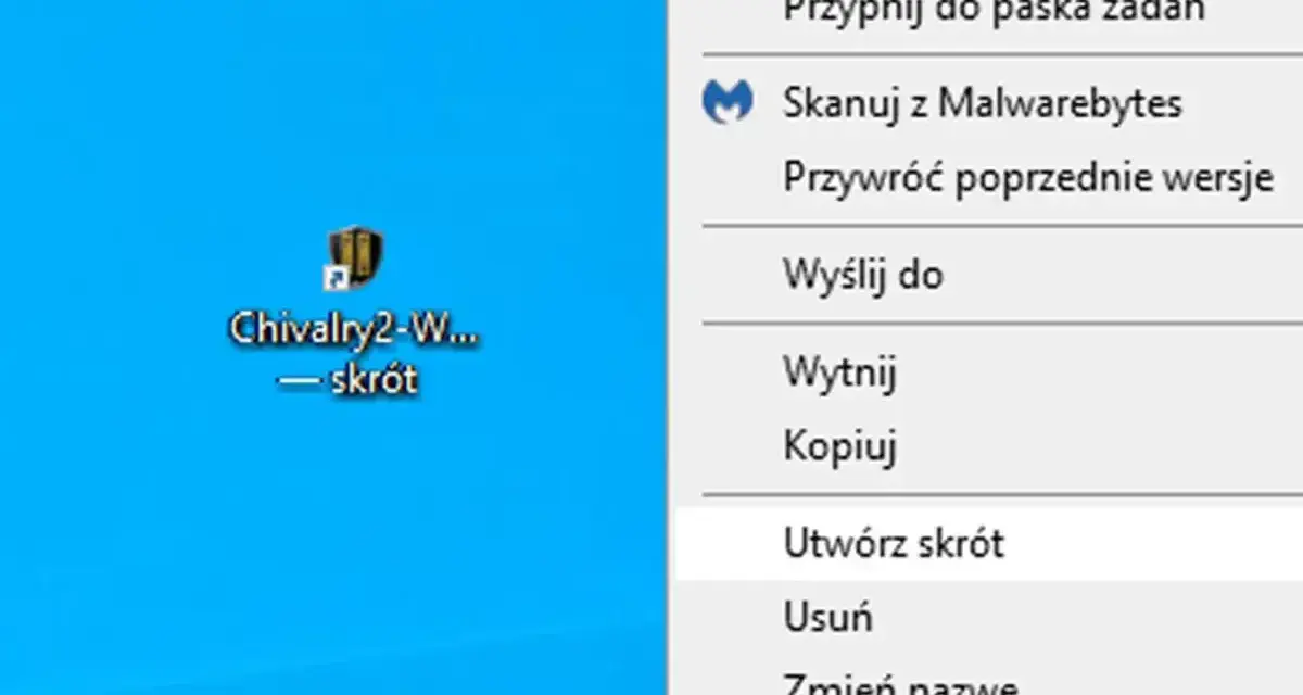 Menu kontekstowe z opcją "Utwórz skrót" na pulpicie, pokazujące jak zmienić pulpit.
