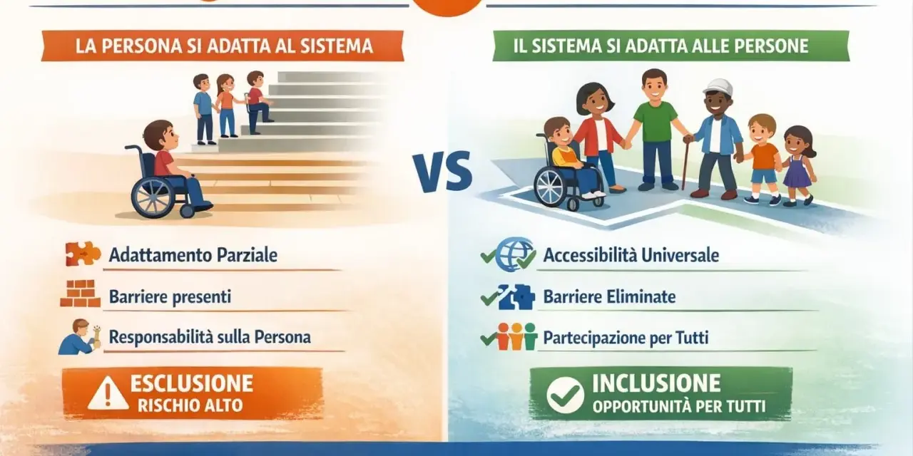 Integrazione vs Inclusione: un bambino in carrozzina affronta scale (integrazione), mentre un gruppo eterogeneo, inclusi bambini con disabilità, cammina insieme (inclusione). Fondamentale per l'autismo e lavoro.
