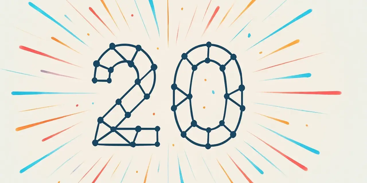 Il numero 20, formato da punti collegati, esplode in un'esplosione di colori, come un pecha kucha di idee.