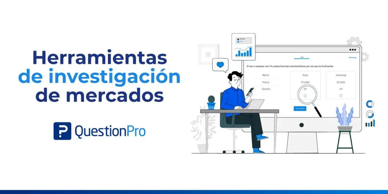 Ilustración de herramientas para investigar el mercado, con un hombre interactuando con una pantalla de computadora que muestra opciones de compra de televisores.