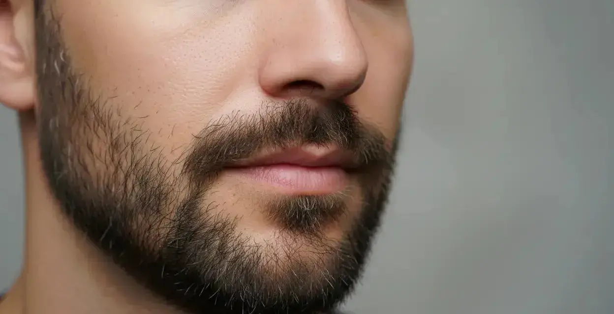 Nahaufnahme eines Mannes mit einem gepflegten 3-Tage-Bart. Seine braunen Augen blicken nach rechts.