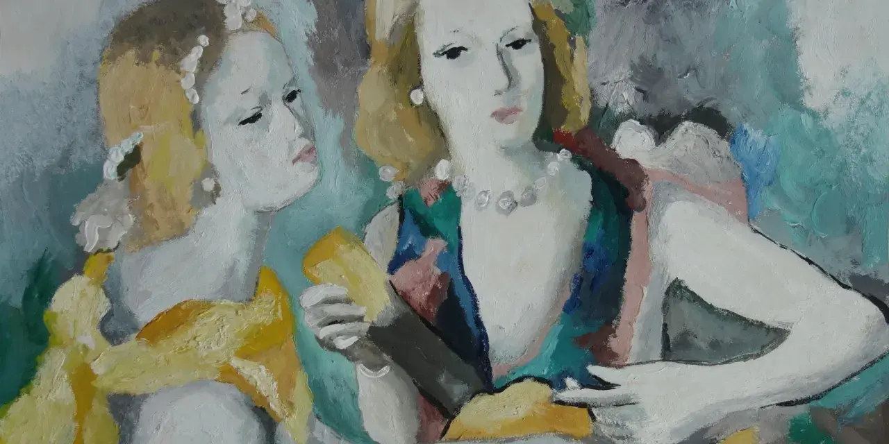 Deux femmes aux visages pâles, parées de perles, dans un style typique des œuvres d'art de Marie Laurencin. L'une tient un objet jaune, l'autre semble écouter.