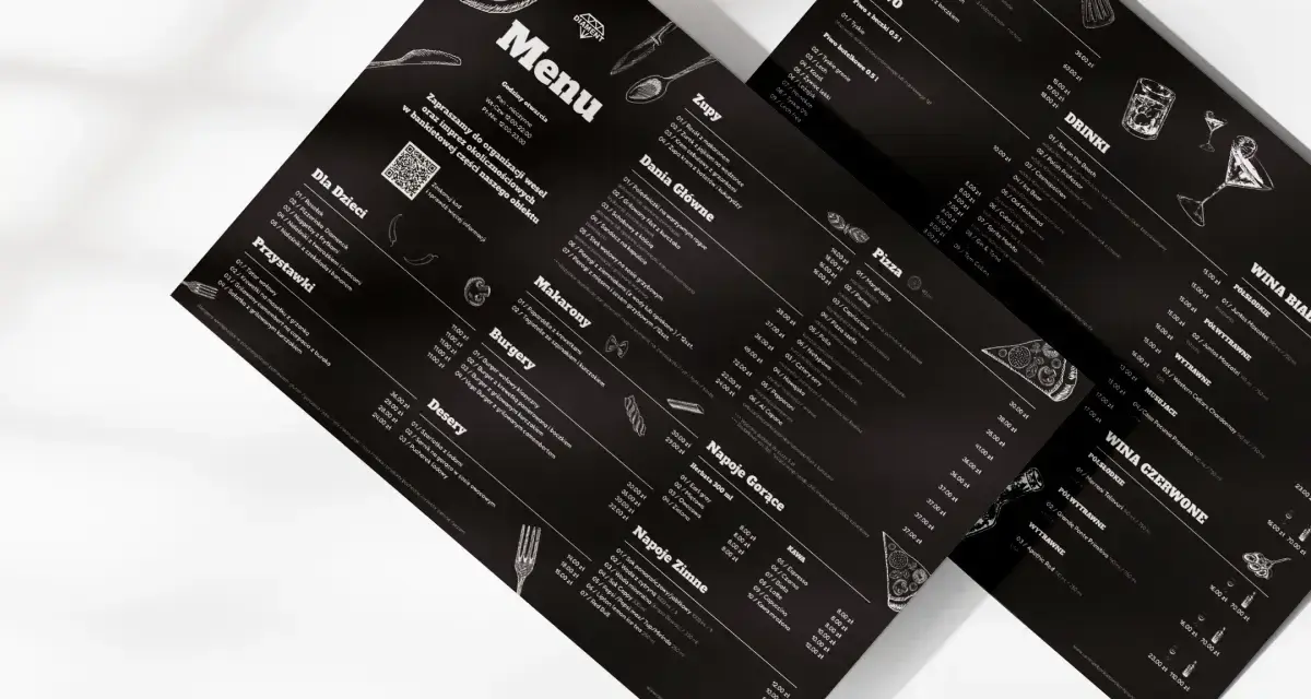 Czarne menu z białymi napisami i grafikami. Czy warto personalizować menu pod kątem graficznym dla każdego gościa? To pytanie nabiera sensu, gdy widzimy tak stylowe propozycje.