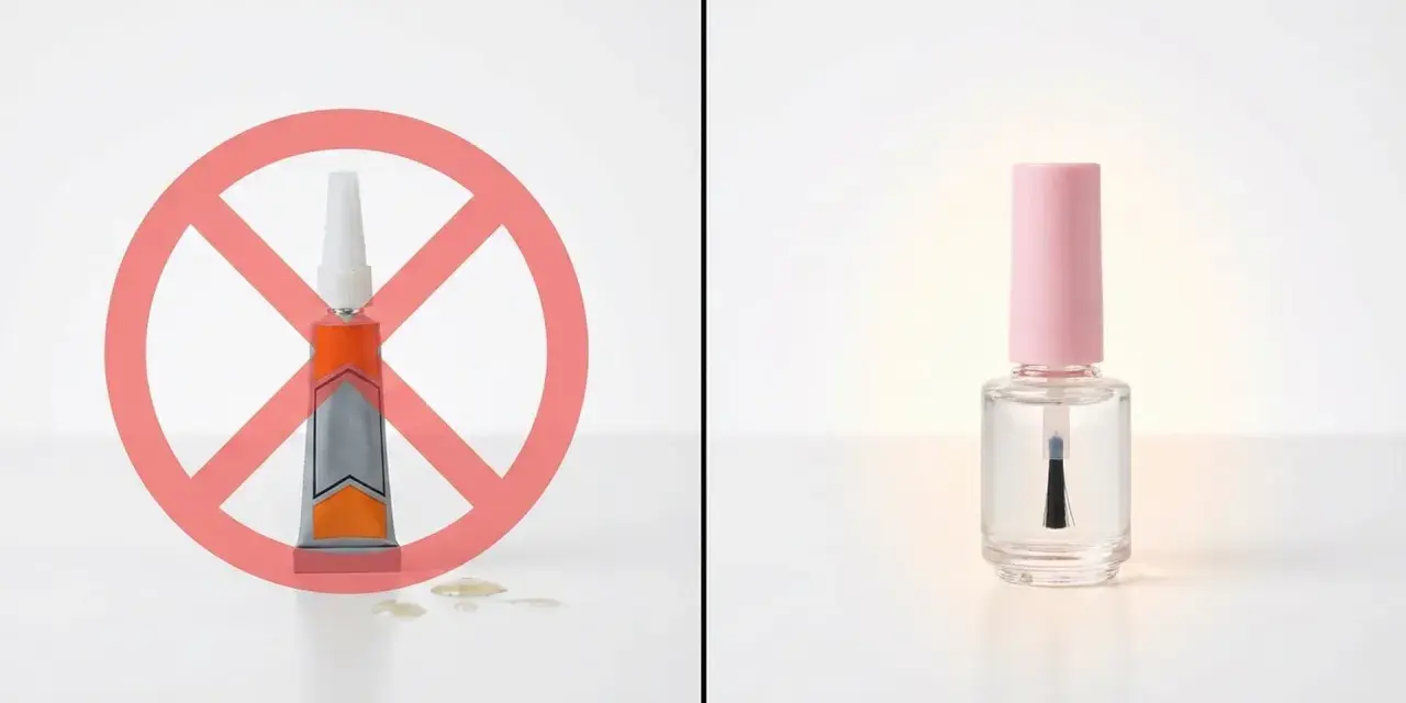 A tube of glue with a red prohibition sign over it, contrasted with a bottle of clear nail polish.
