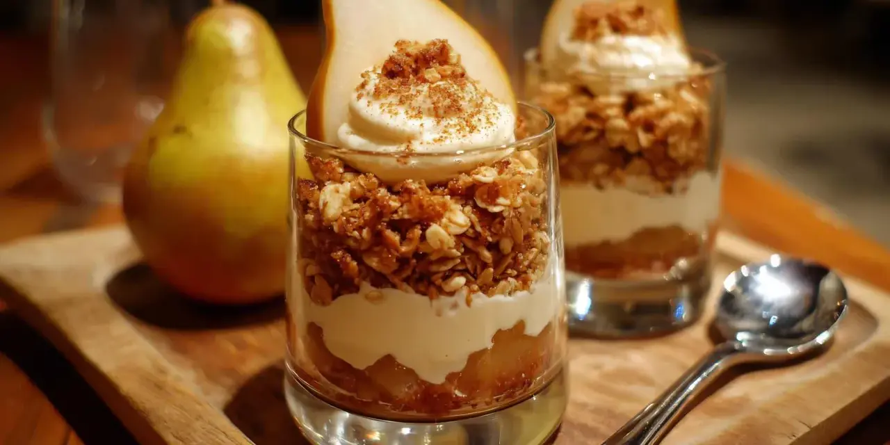 Postre de pera en vaso con crema y granola, acompañado de una pera entera.