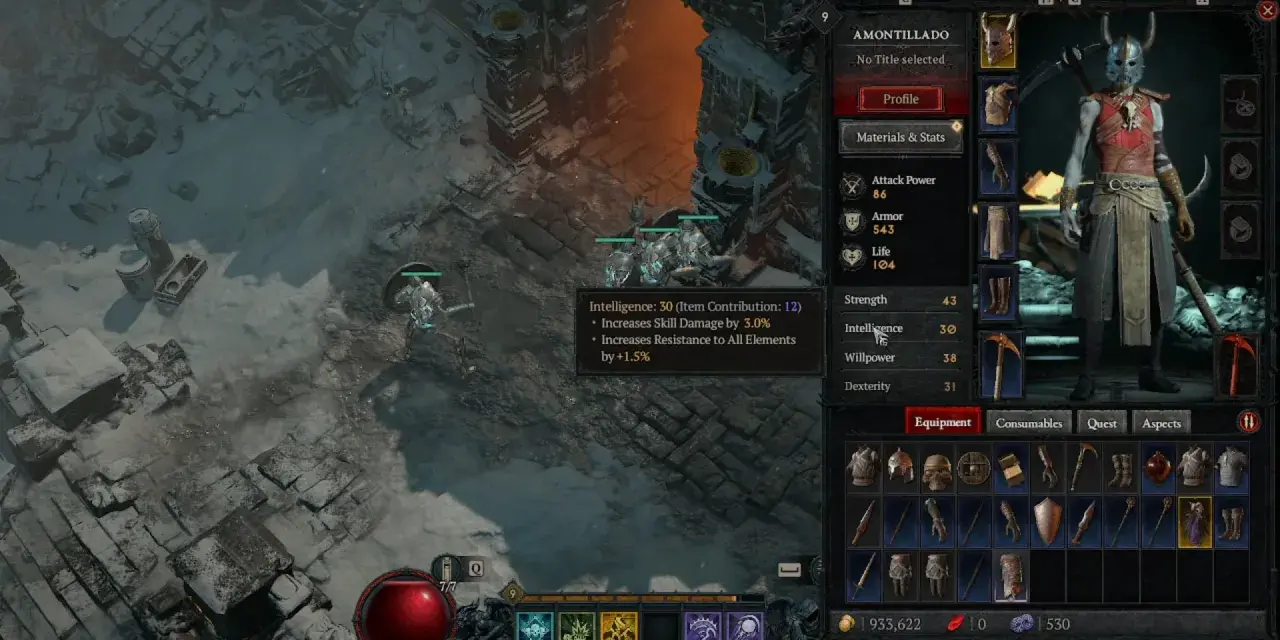 Personaje nigromante en Diablo 4, con estadísticas de inteligencia y equipo.