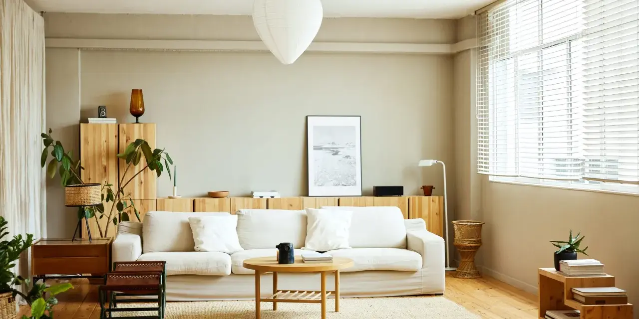 Salones nórdicos con sofá blanco, mesa de centro de madera y estanterías de pino. Luz natural entra por la ventana.