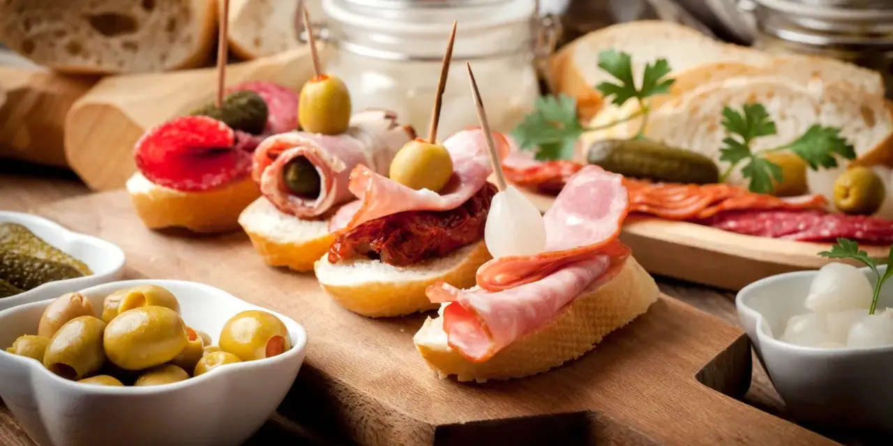 Pyszne tapas na drewnianej desce: pieczywo z wędliną, oliwkami, ogórkiem i suszonymi pomidorami.