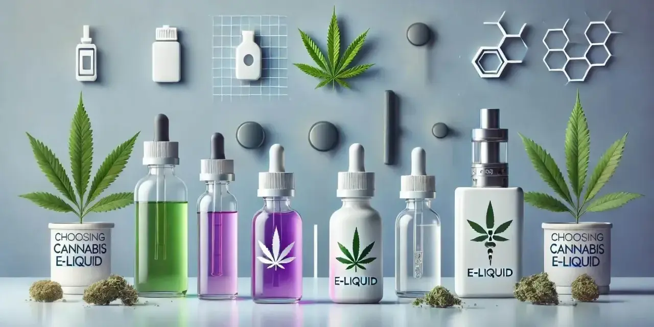 Variedad de frascos con líquidos de colores y hojas de cannabis, mostrando los **sabores de líquidos para cigarrillos electrónicos**.