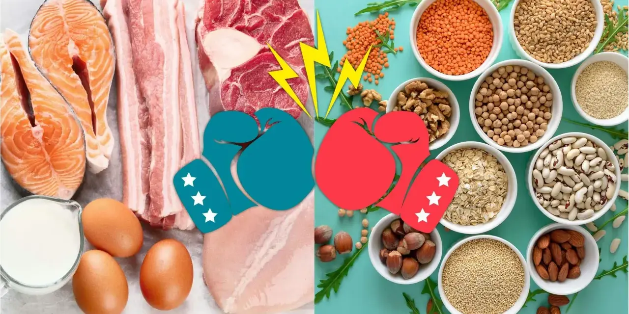 Kamp mellan animaliskt protein (lax, bacon, kött, kyckling, ägg, mjölk) och vegetabiliska proteinkällor (linser, nötter, bönor, havre, quinoa, mandlar).