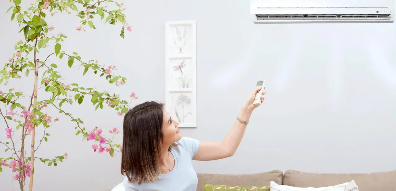 Mujer ajusta el fan speed del aire acondicionado con el control remoto, rodeada de una planta con flores rosas.