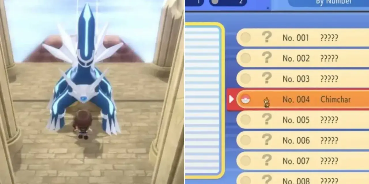 Jugador frente a Dialga en Pokémon Diamante Brillante. A la derecha, la Pokédex Nacional muestra a Chimchar, No. 004.