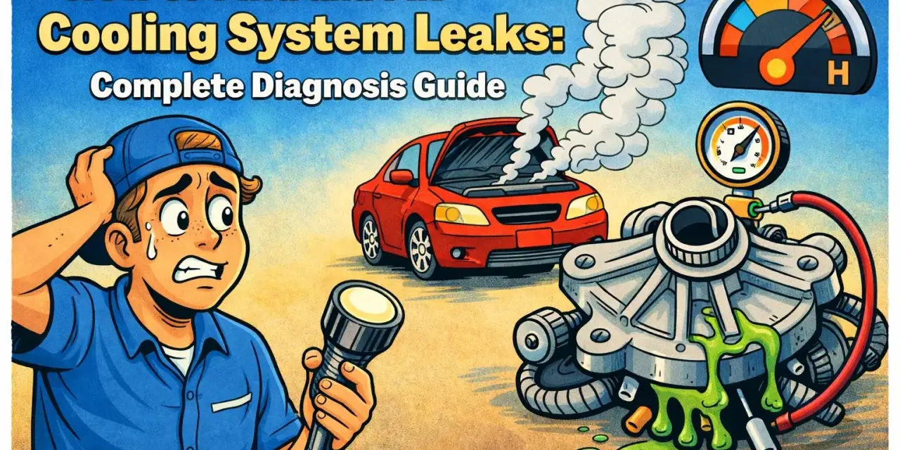 A distressed mechanic holds a flashlight, facing a steaming red car and a leaking coolant pump. The image illustrates how to find and fix cooling system leaks.
