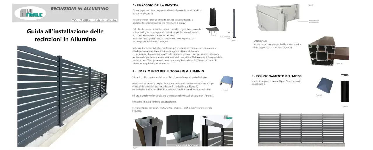 Guida per come fare una recinzione in alluminio: fissaggio pali, inserimento doghe e posizionamento tappi.