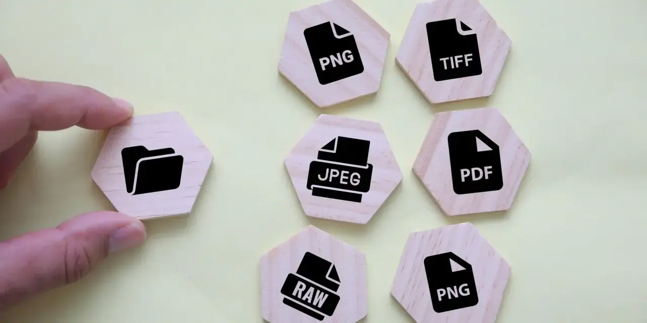 Palec wskazujący dotyka heksagonalnego klocka z ikoną folderu. Wokół niego ułożono klocki z nazwami formatów plików: PNG, TIFF, JPEG, PDF, RAW.