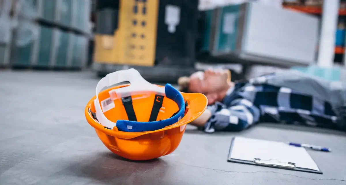 Pomarańczowy kask i notatnik leżą obok nieprzytomnego pracownika. To dowód na wypadek przy pracy, który może być podstawą do ubiegania się o świadczenia.