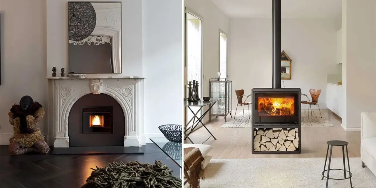 Due eleganti caminetti moderni, uno a legna e uno a pellet, riscaldano due diversi ambienti domestici con il loro calore invitante.