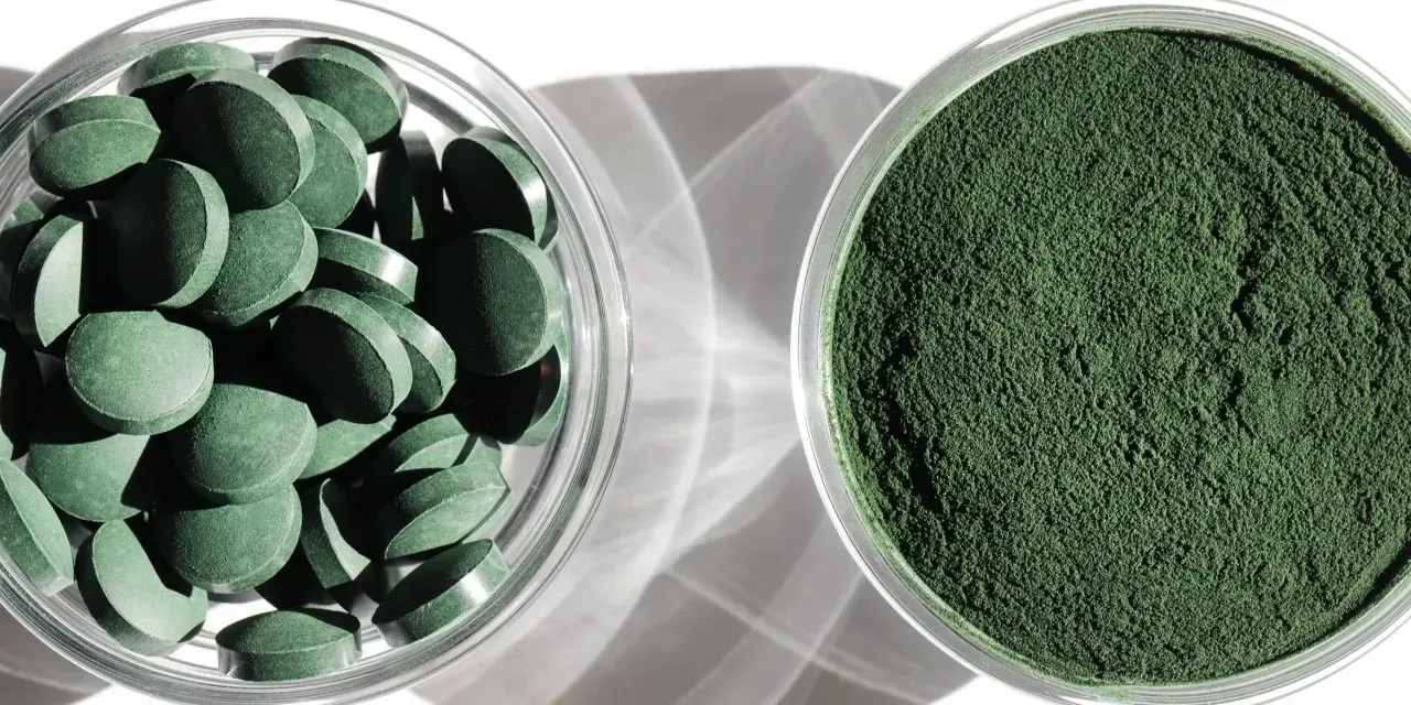Dwie szklane miseczki: jedna z tabletkami chlorelli, druga z zielonym proszkiem. Dowiedz się, chlorella jak stosować, by czerpać z niej korzyści.