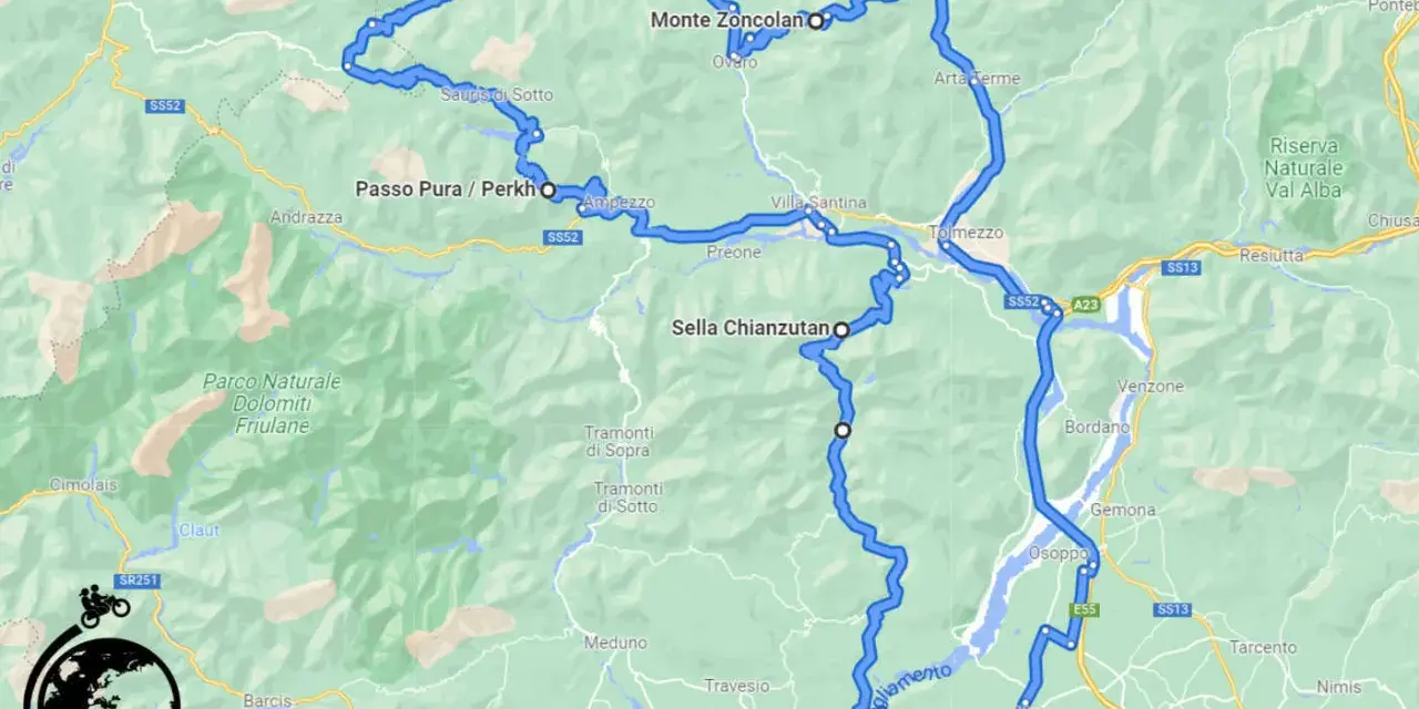 Mappa di un percorso motociclistico che include Passo Pura, Monte Zoncolan e San Daniele del Friuli, attraverso le Dolomiti Friulane.