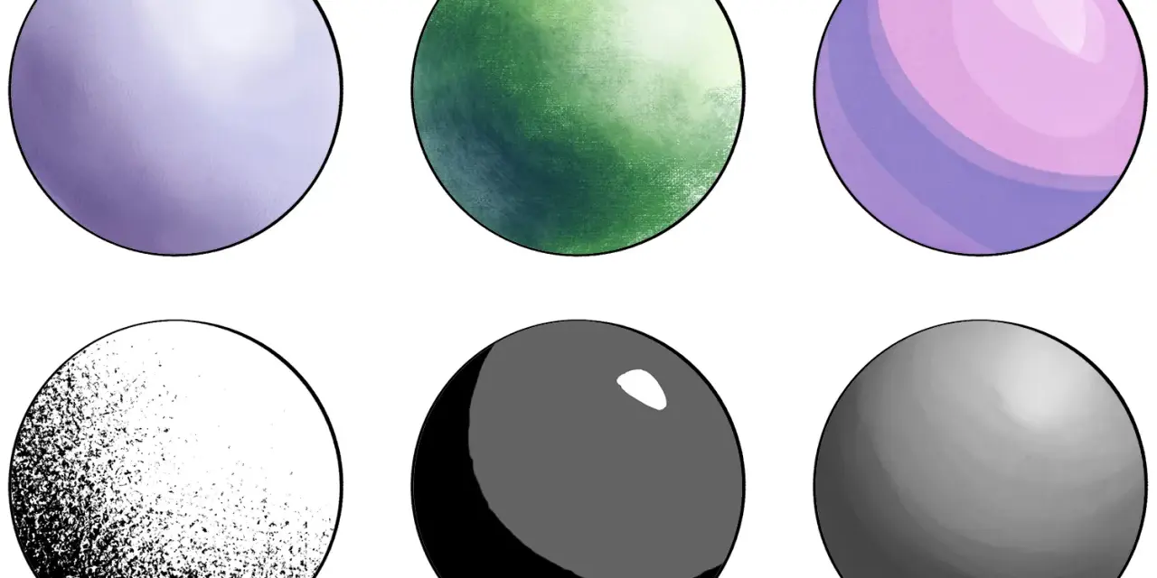Seis círculos con diferentes texturas y sombreados, ideales para dibujos con sombras fáciles para niños.