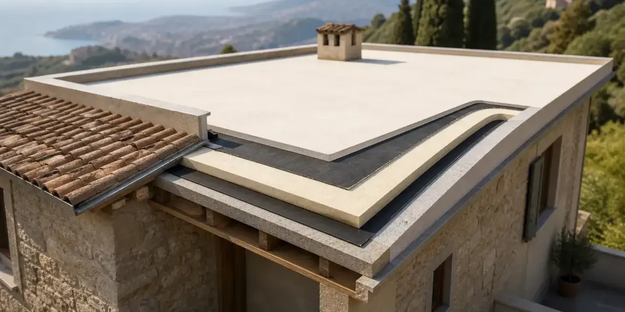 Cross-section of a flat roof showing layers of insulation, waterproofing, and finishing.