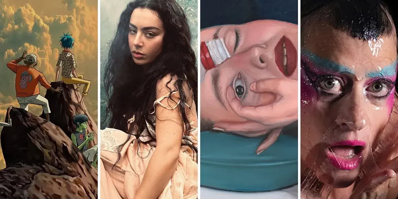 Kolaż okładek albumów muzycznych: Gorillaz, Charli XCX, surrealistyczny portret i artysta w makijażu.