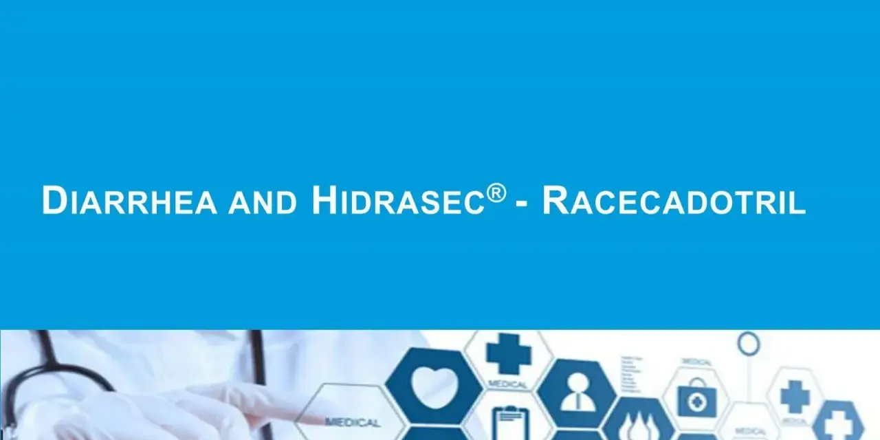 Lekarz w rękawiczce wskazuje na ikonki medyczne, obok napis "DIARRHEA AND HIDRASEC® - RACECADOTRIL".