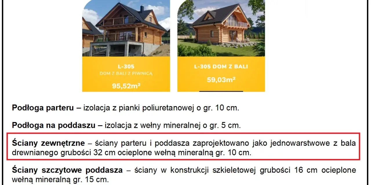 Czy dom z bali trzeba ocieplać? Tak, ściany zewnętrzne z bali drewnianej grubości 32 cm ocieplono wełną mineralną gr. 10 cm.