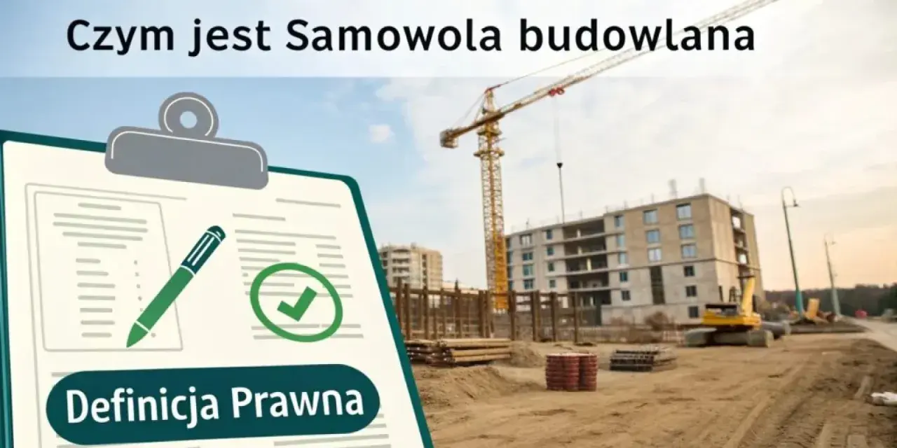 Tablica z tekstem "Czym jest Samowola budowlana" i "Definicja Prawna" na tle placu budowy z dźwigiem i budynkiem. Kara za samowolę budowlaną może być wysoka.