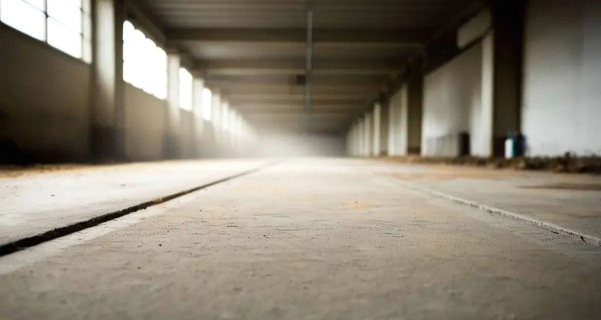 Długi korytarz z betonową posadzką, gdzie trwa zacieranie betonu. Światło wpada przez okna, tworząc mglistą atmosferę.