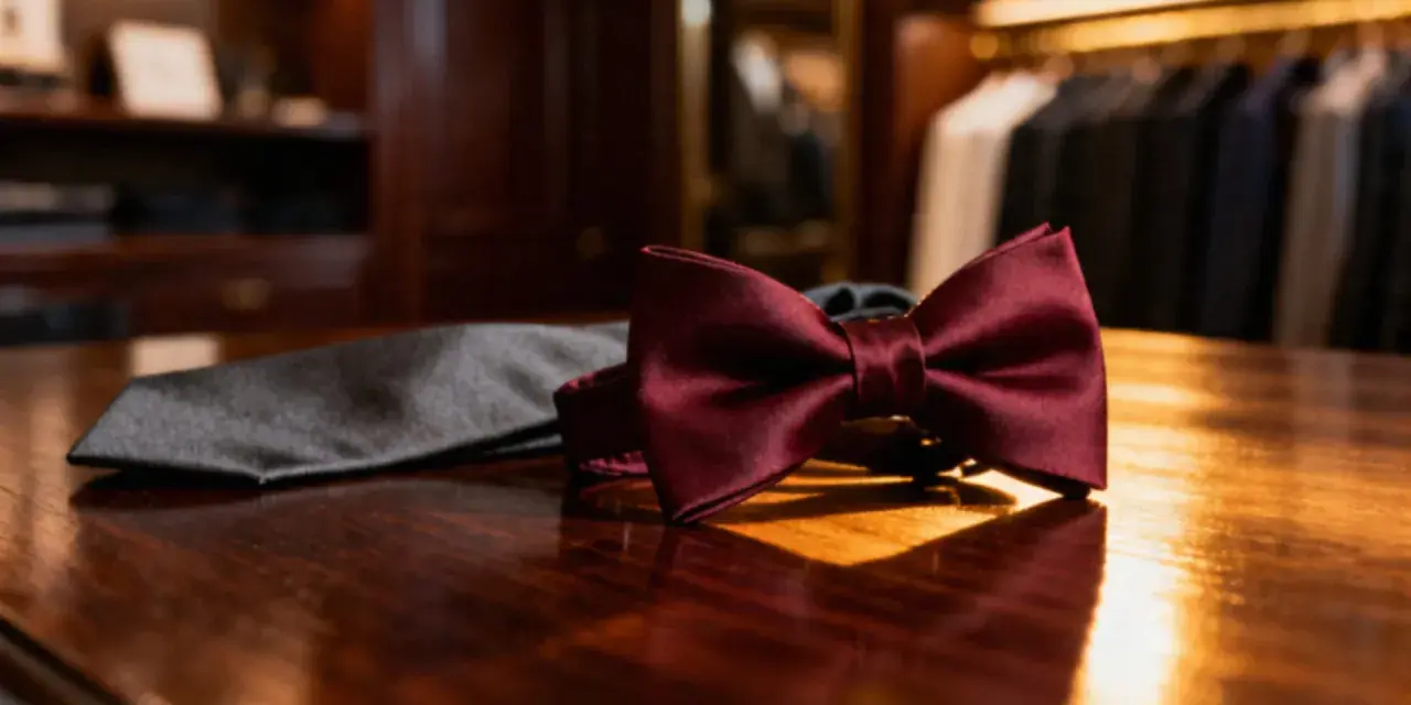 Elegancka bordowa mucha i szary krawat leżą na drewnianym stole. Wybór między muchą czy krawatem zależy od okazji.